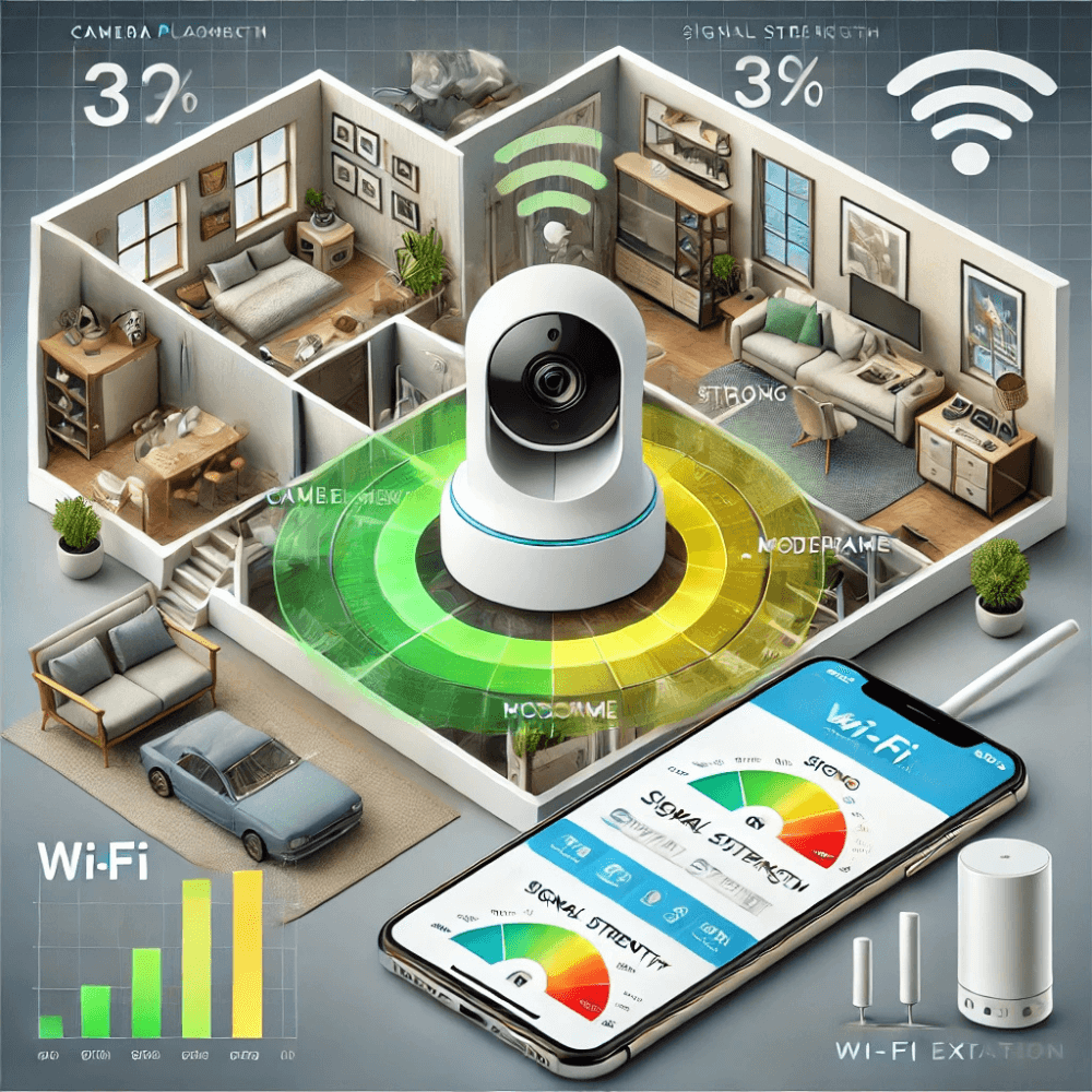 Wi-Fi signal strength troubleshooting for wireless security cameras. 