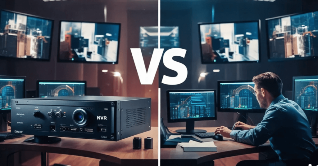 Visual comparison of DVR and NVR systems for security, highlighting key differences in technology, camera types, installation methods, and video quality.