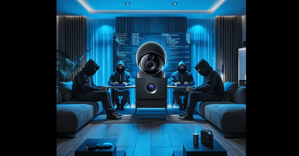 An image of a home security camera mounted on a wall, with a digital lock graphic overlay symbolizing enhanced security against hacking threats