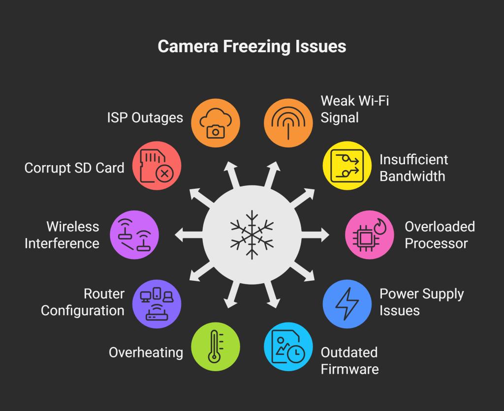 Troubleshooting guide for frozen security cameras: 1) Weak Wi-Fi signal 2) Insufficient bandwidth 3) Overloaded processor 4) Power issues 5) Outdated firmware 6) Overheating 7) Router problems 8) Wireless interference 9) Corrupt SD card 10) Network outages. Each cause shown with matching icon.