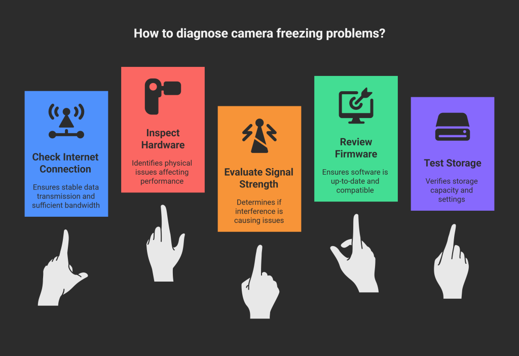 Step-by-step flowchart for diagnosing security camera freezing: 1) Internet speed test 2) Checking power cables 3) Wi-Fi signal analyzer 4) Firmware update screen 5) Storage settings menu - shown with numbered steps and diagnostic tool icons