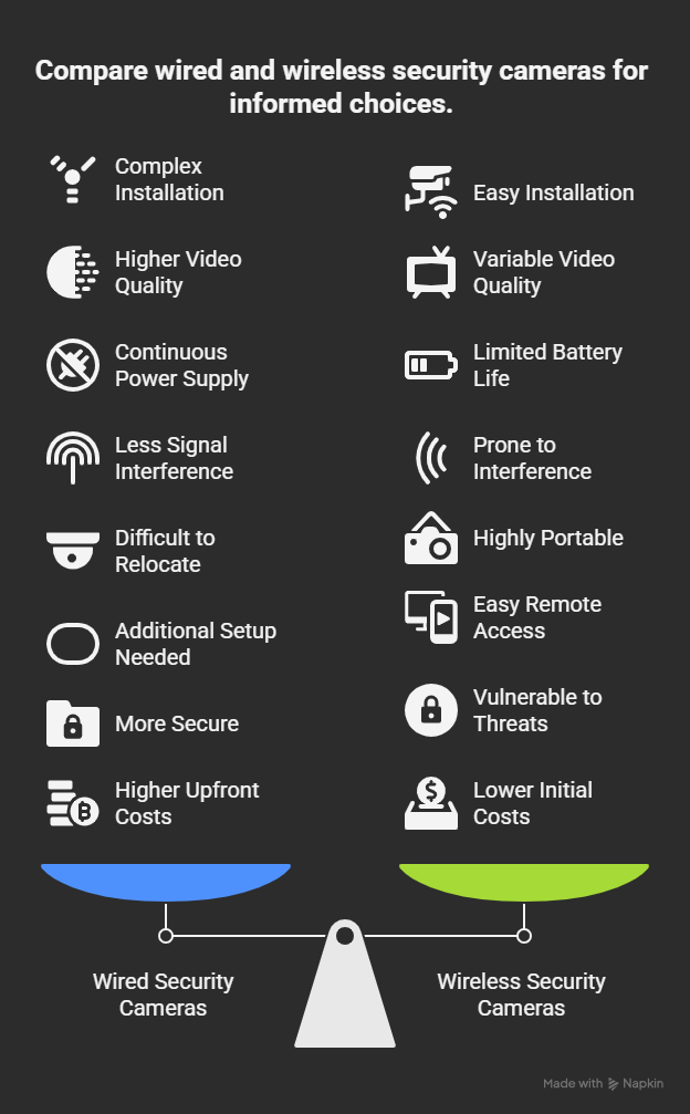 Visual comparison of wired and wireless security cameras. Wired cameras offer complex installation, higher video quality, continuous power, minimal signal interference, and stronger security, but are harder to move and more expensive. Wireless cameras are easier to install and move, with lower cost and built-in remote access, but may face signal issues and security vulnerabilities.