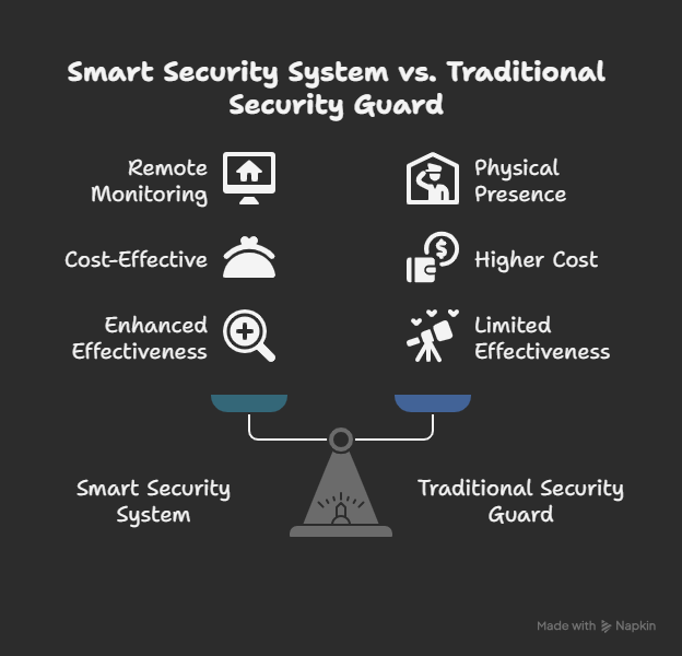 Side-by-side comparison chart of wired and wireless security cameras showing differences in installation, video quality, power supply, signal interference, mobility, remote access, security, and cost.