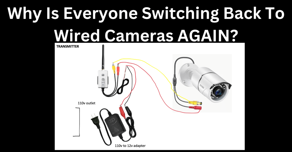 Side-by-side comparison of wireless cameras with weak signals and wired cameras with stable, clear video output. The wired cameras show visible cables, emphasizing reliability, security, and stable performance.