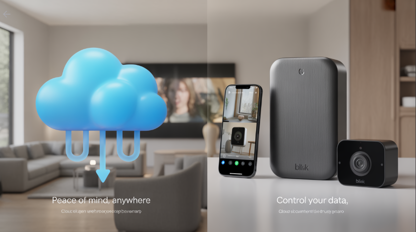 Split-screen showing Blink smart home security cloud storage on one side and local storage device on the other, comparing data storage options