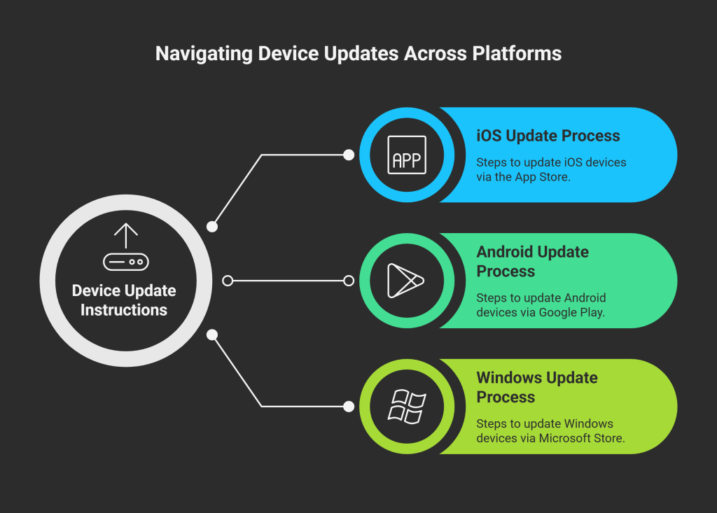 Step-by-step guide to update the Ezviz app on different devices: iOS (App Store), Android (Google Play), and Windows (Microsoft Store). Simple instructions with platform-specific icons for easy troubleshooting.