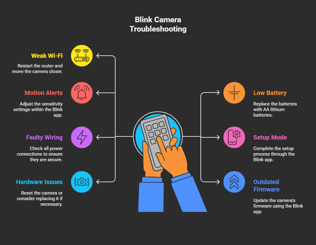 Blink camera troubleshooting chart with common issues and solutions. Weak Wi-Fi: restart router or move camera closer. Low battery: replace with AA lithium batteries. Motion alerts issue: adjust sensitivity in Blink app. Setup mode: complete setup in app. Faulty wiring: check power connections. Outdated firmware: update via app. Hardware issues: reset or replace camera.
