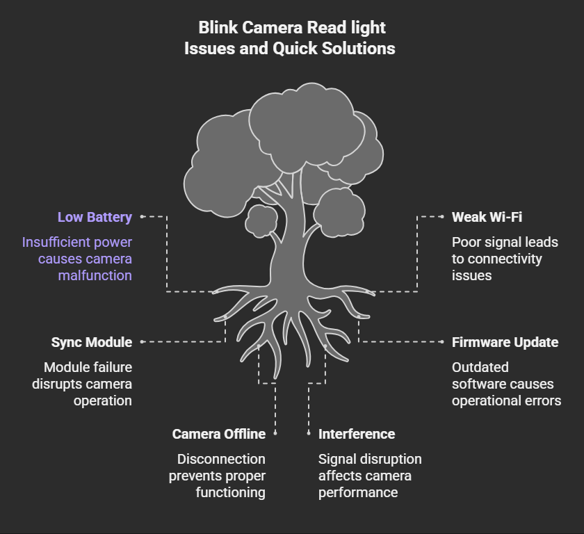 Blink camera red light troubleshooting chart. Issues include low battery, weak Wi-Fi, sync module problems, outdated firmware, camera offline, device interference, and need for reset. Solutions suggest replacing batteries, improving Wi-Fi signal, restarting sync module, updating firmware, reconnecting camera, removing interference, or resetting the device.