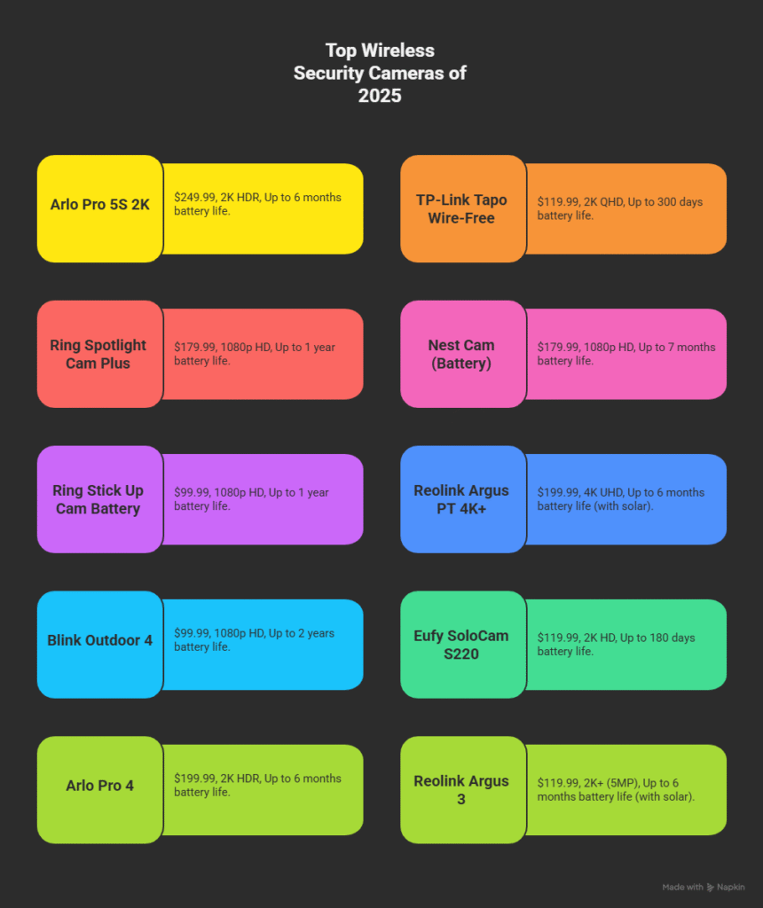 Visual comparison chart of 10 wireless security cameras as of  2025, showing camera name, price, resolution, and battery life. Includes models from Arlo, TP-Link, Ring, Nest, Reolink, Blink, and Eufy. Prices range from $99.99 to $249.99, resolutions vary from 1080p HD to 4K UHD, and battery life ranges from 180 days to 2 years.