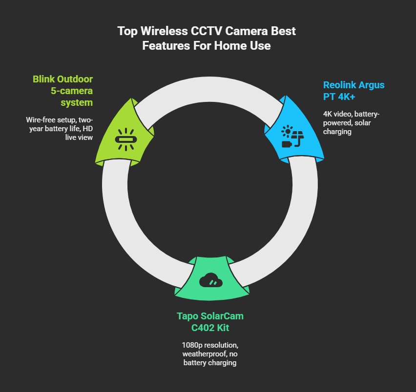 Image showing top wireless CCTV cameras for home use in 2025, based on PCMag expert reviews. Includes Reolink Argus PT 4K+ with 4K resolution and solar charging, Tapo SolarCam C402 Kit with 1080p resolution and weatherproof design, and Blink Outdoor 5-camera system with wire-free setup and two-year battery life.