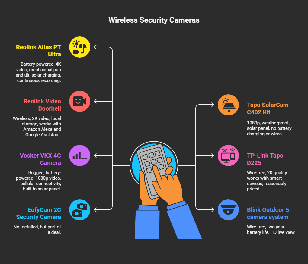 Comparison table of top-rated wireless security cameras based on PCMag expert reviews. Includes models like Reolink Altas PT Ultra with 4K and solar power, Tapo SolarCam C402 Kit with weatherproof solar design, TP-Link Tapo D225, Vosker VKX 4G, Blink Outdoor system with $200 off, and EufyCam 2C 2-pack with 35% discount. Ratings range from 3.5 to 4.0 stars.