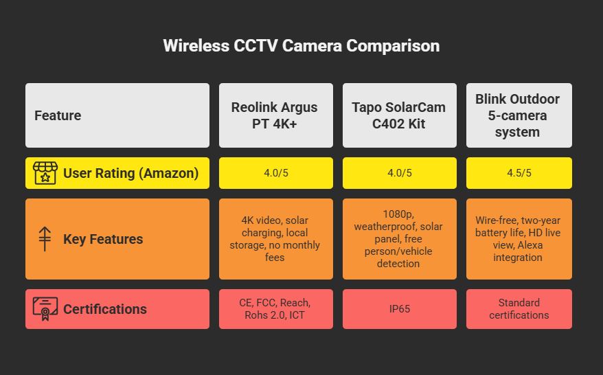 Comparison table of top user-endorsed wireless CCTV cameras for home use. Reolink Argus PT 4K+ rated 4.0 stars with 4K video and solar charging; Tapo SolarCam C402 rated 4.0 stars with weatherproof design and free detection features; Blink Outdoor 5-camera system rated 4.5 stars with wire-free setup, 2-year battery life, and Alexa integration. Certifications include CE, FCC, IP65, and more.