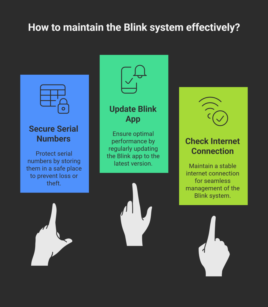 Tips to protect Blink device serial numbers, keep Blink app updated, and maintain a stable internet connection for optimal smart home security