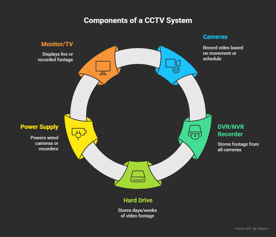 Table of essential CCTV equipment: Cameras record video, DVR/NVR Recorder stores footage, Hard Drive defines storage duration, Power Supply enables 24/7 operation, and a Monitor is for live viewing and playback