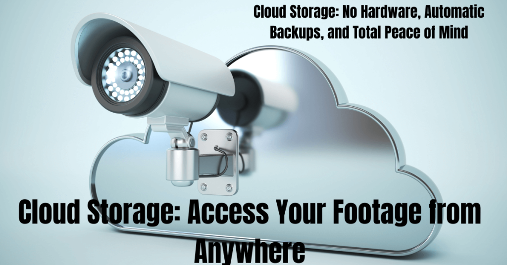 An illustration of a user's devices (a smartphone and a laptop) connected to a cloud server icon, representing the ability to access security camera footage remotely from anywhere.