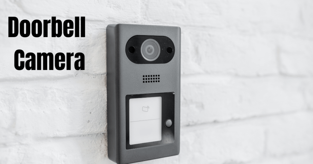 A real video doorbell camera mounted on a wooden front door of a UK home, capturing a clear view of the porch area to monitor visitors and deliveries.