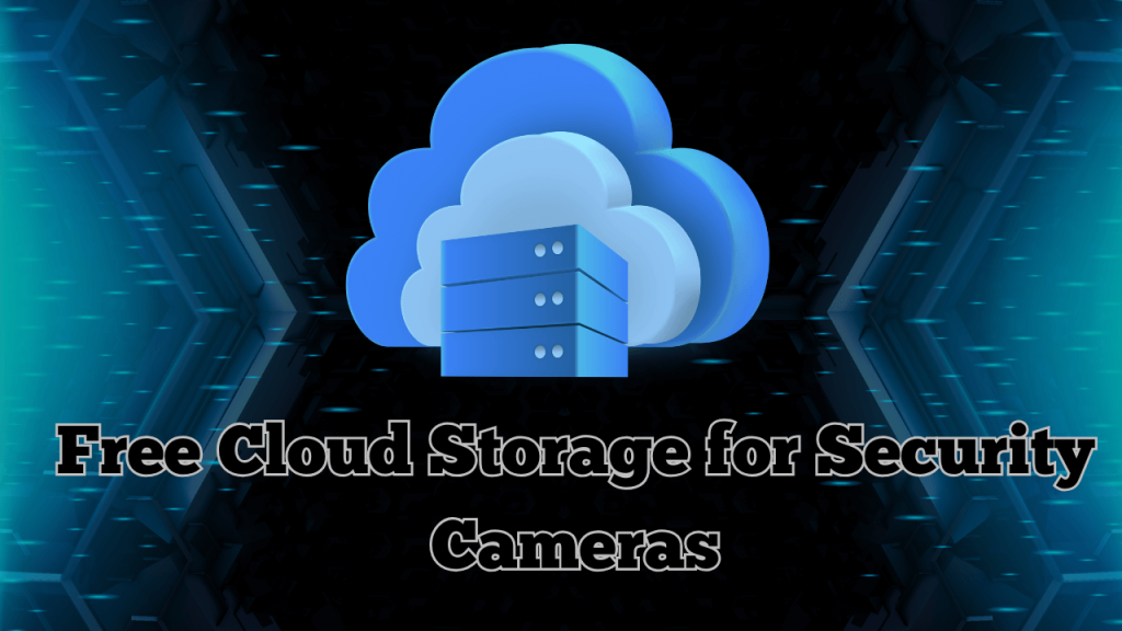 Security camera footage being saved to free cloud storage with icons representing cloud, security, and video data.