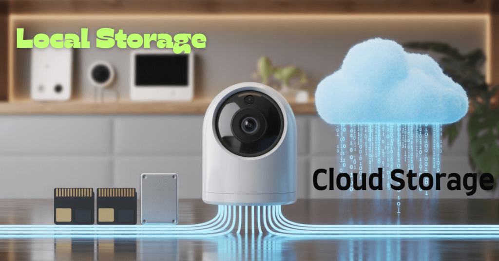 modern security camera connected to local storage devices such as memory cards and hard drives, and to a glowing cloud symbol, visually explaining the two main storage options—local and cloud—for keeping security camera footage safe and accessible.
