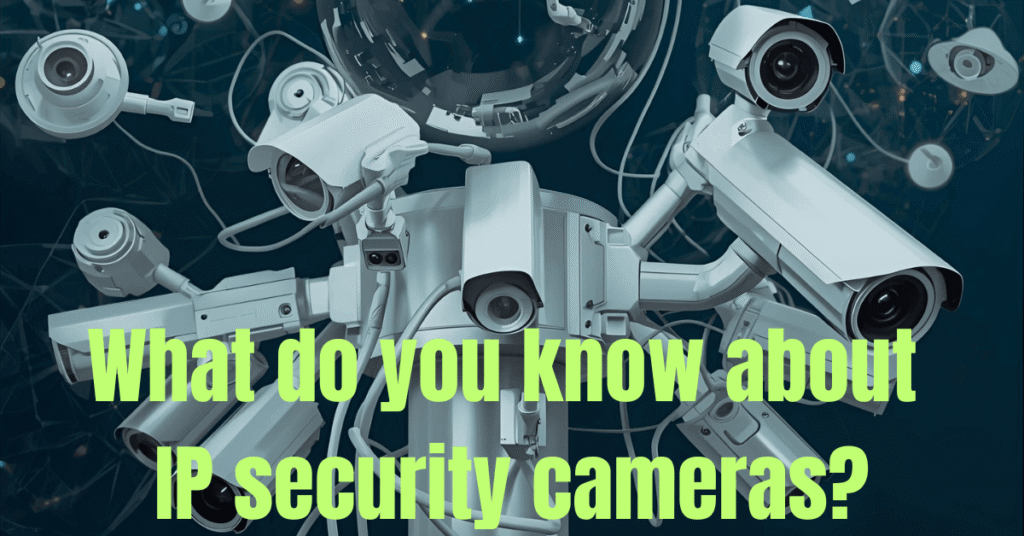 A modern network of various IP security cameras, including dome, bullet, and PTZ models, mounted on walls and ceilings, all connected to a central system with glowing data lines.