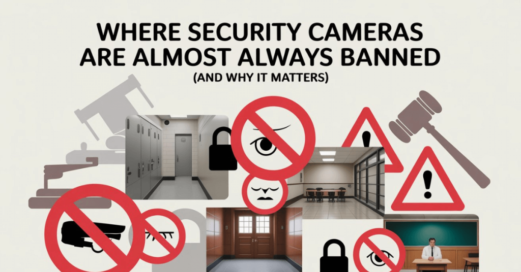 Infographic showing places where security cameras are almost always banned, including bathrooms, locker rooms, private offices, neighbor’s property, government buildings, courtrooms, and school areas to protect privacy.