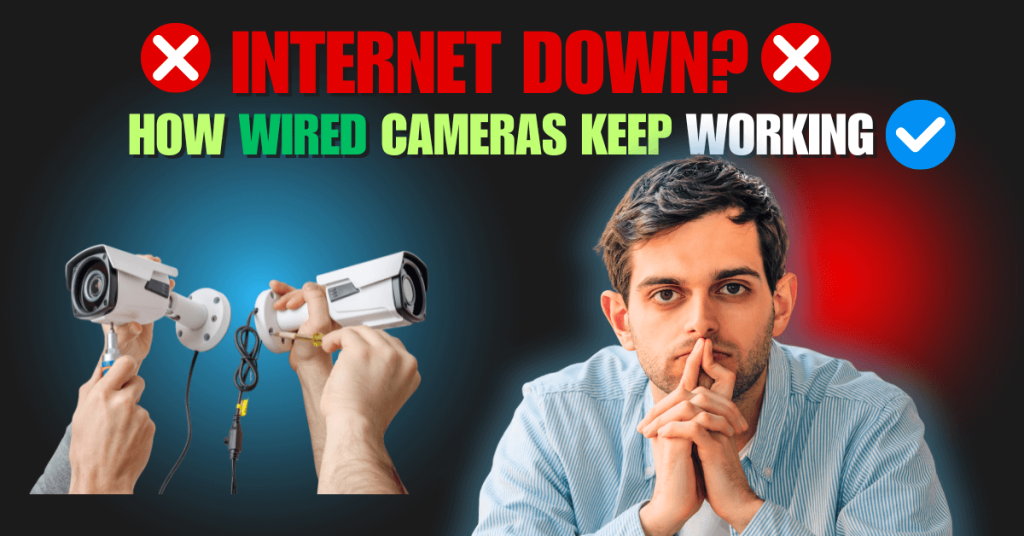 Wired security camera recording without internet connection during outage, showing red recording light and cables