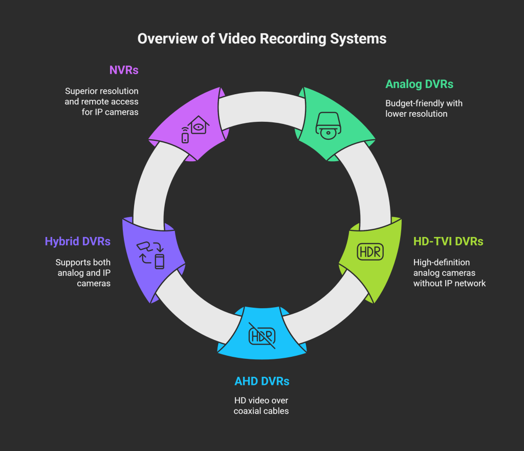 Comparison of 5 surveillance recorder types: Analog DVR for BNC cameras, HD-TVI DVR for HD analog, AHD DVR for coaxial HD, Hybrid DVR for analog/IP cameras, and NVR for IP camera systems