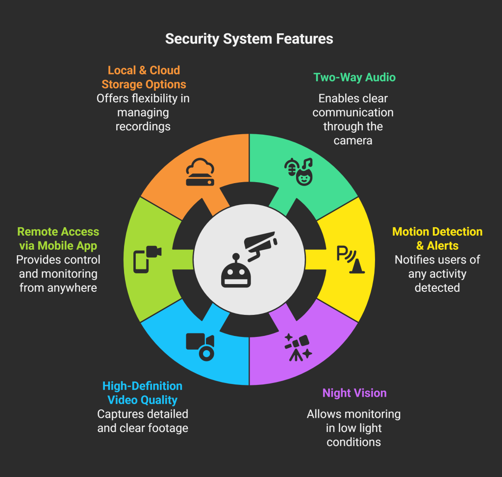 Infographic showing 6 essential security camera features: Two-Way Audio, Motion Detection & Alerts, Night Vision, HD Video Quality, Remote Access via Mobile App, and Local & Cloud Storage Options