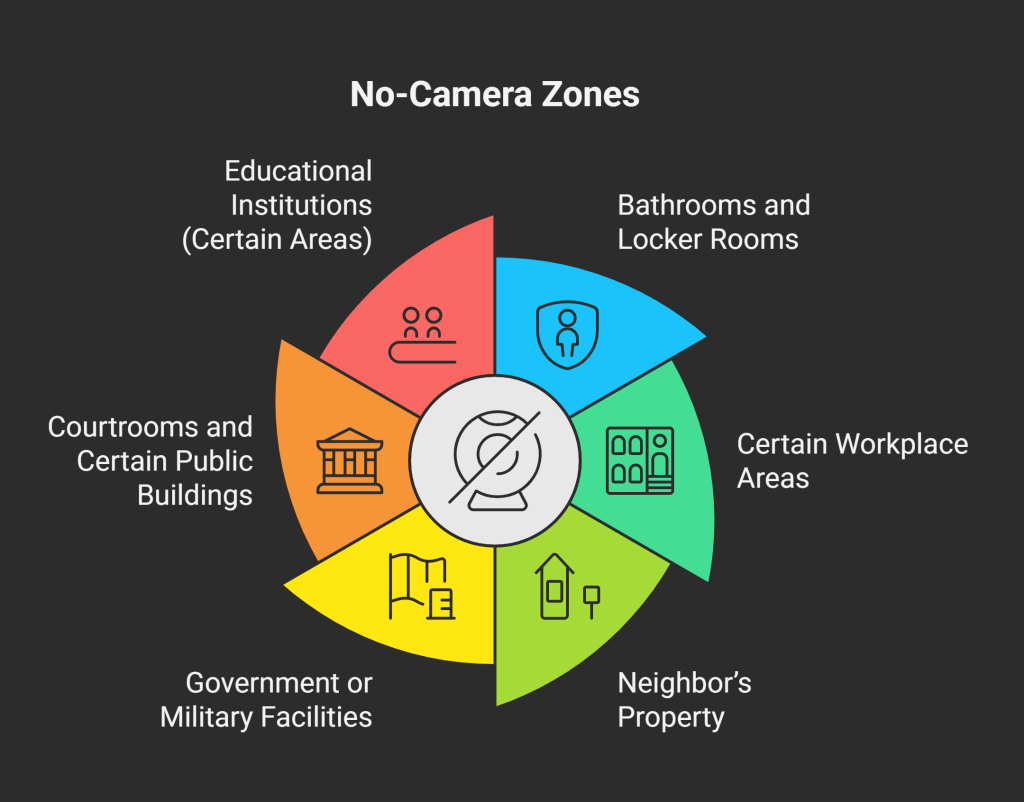 Infographic showing locations where security cameras are almost always banned, including bathrooms, locker rooms, private workplace areas, neighbor’s property, government and military facilities, courtrooms, and certain school areas to protect privacy