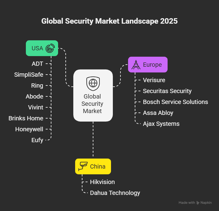 Infographic titled “Global Security Market Landscape 2025” showing key home and commercial security companies by region.
USA: ADT
Europe: SimpliSafe, Verisure, Ring, Securitas Security, Abode
Global Security Market (not region-specific): Bosch Service Solutions, Vivint, Assa Abloy, Brinks Home, Ajax Systems, Honeywell, Eufy
China: Hikvision, Dahua Technology
