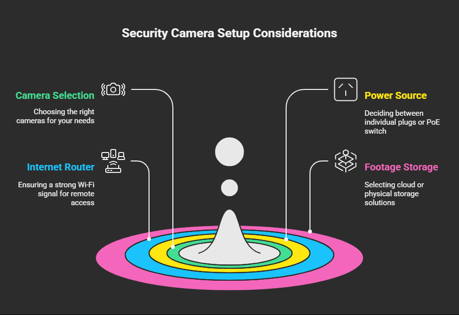 Diagram of a home security camera system setup. It shows a Wi-Fi router and modem connected to the internet, a Power over Ethernet (PoE) switch powering and connecting multiple cameras, and a Network Video Recorder (NVR) for storage. Arrows indicate how data flows between the components, emphasizing the importance of a strong Wi-Fi signal for remote viewing.