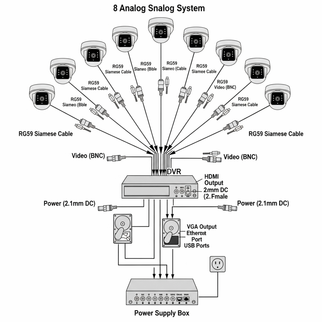 8 Analog Security Camera Equipment Estimate,a diagram showing the connection of 8 Analog cameras to an dvr,