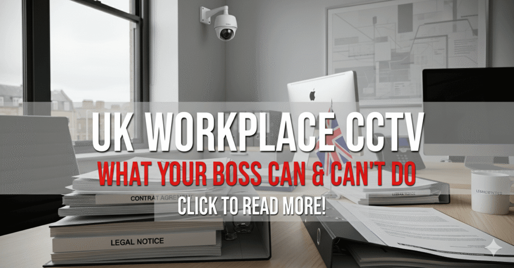 A CCTV camera mounted in the corner of a modern UK office, overseeing employees working at their desks.