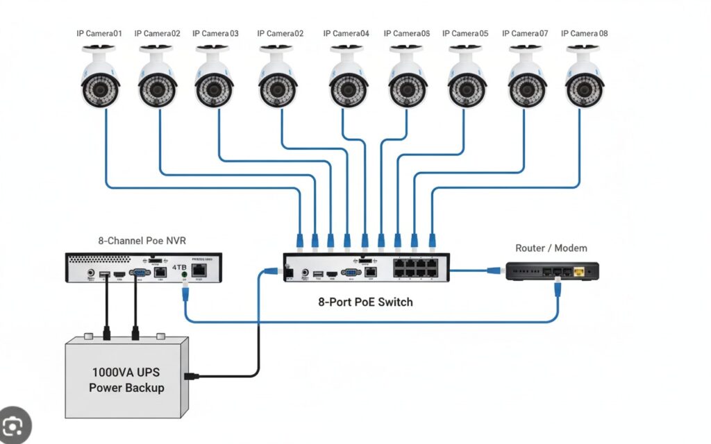 a diagram showing the connection of 8 IP PoE cameras to an NVR, incorporating a PoE switch since you have 8 cameras and most 8-channel NVRs have 8 built-in PoE ports, but some might need a switch for more cameras. I'll also show the NVR connecting to a router.
