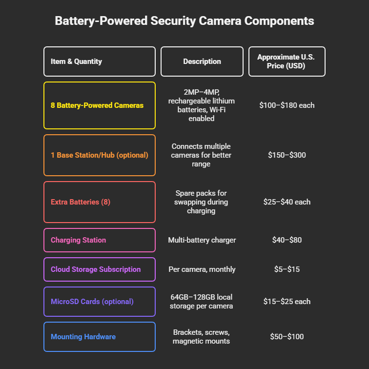 The image is a table titled "8 Battery-Powered Security Cameras Components" with columns for "Item & Quantity," "Description," and "Approx. U.S. Price (USD)." The table rows list the following items: 8 Battery-Powered Cameras, 1 Base Station/Hub (optional), 8 Extra Batteries, a Charging Station, Cloud Storage Subscription, 8 MicroSD Cards (optional), and Mounting Hardware. Each item has a description and an estimated price range.