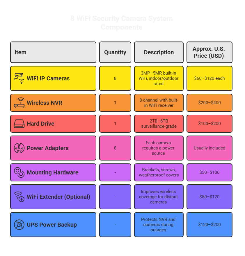 The image is a visual table titled "8 WiFi Security Cameras System Components." It has three columns: "Component," "Quantity," and "Estimated Cost." The rows list the following components with their corresponding quantities and price ranges: 8 WiFi IP Cameras, 1 Wireless NVR, 1 Hard Drive, 8 Power Adapters, Mounting Hardware, Optional WiFi Extender, and a UPS Power Backup. At the bottom, a total estimated cost range is provided.