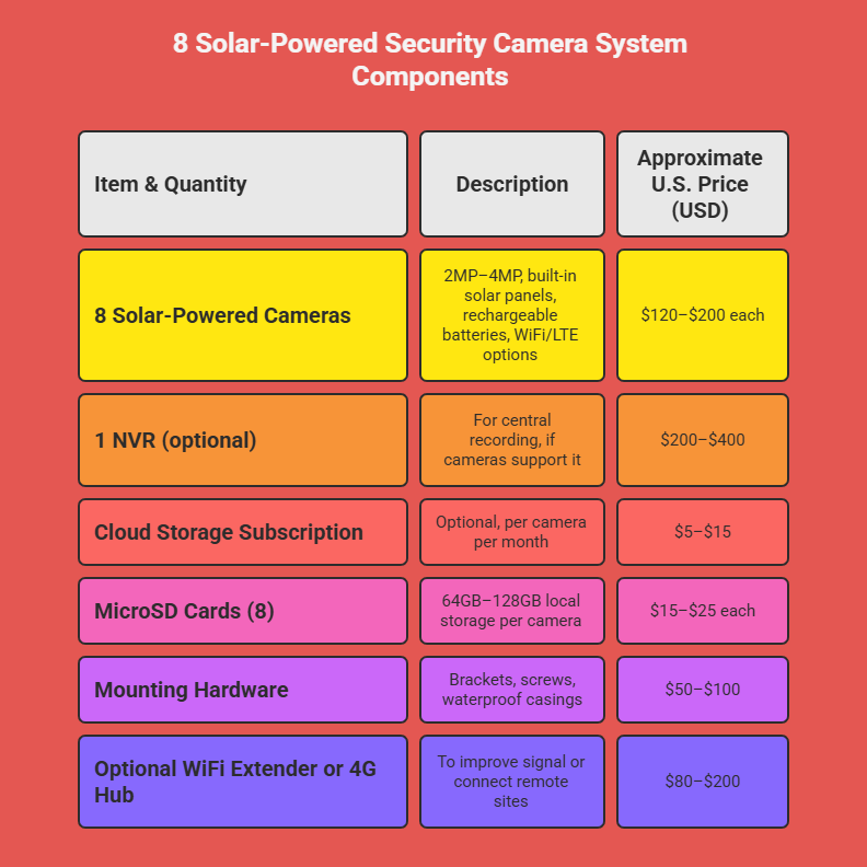 The image shows a table titled "8 Solar-Powered Security Cameras System Components" with columns for "Item & Quantity," "Description," and "Approx. U.S. Price (USD)." The table rows list the following items: 8 Solar-Powered Cameras, 1 NVR (optional), Cloud Storage Subscription, 8 MicroSD Cards, Mounting Hardware, and an Optional WiFi Extender or 4G Hub, each with a description and estimated cost.