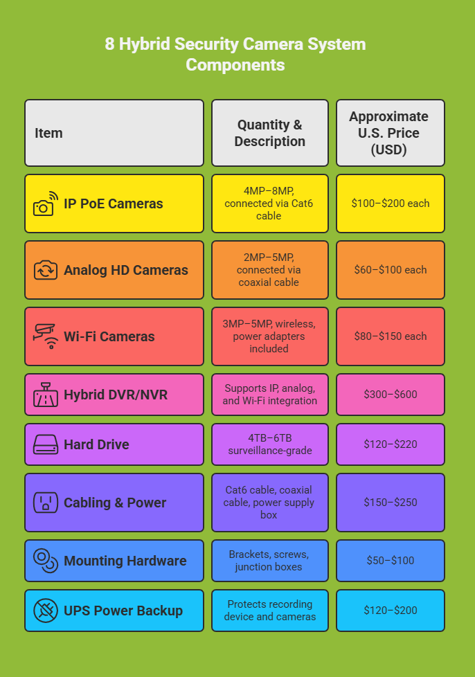 The image is a table showing the components of a hybrid security camera system. The table has three columns: "Item & Quantity," "Description," and "Approx. U.S. Price (USD)." The items listed are 4 IP PoE Cameras, 2 Analog HD Cameras, 2 Wi-Fi Cameras, 1 Hybrid DVR/NVR, 1 Hard Drive, Cabling & Power, Mounting Hardware, and a UPS Power Backup. Each item includes a brief description and an estimated price range.