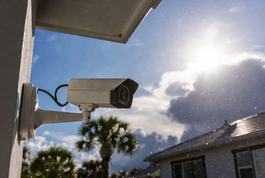 Weatherproof outdoor security camera mounted on a Florida home, palm trees in background, rain and humidity visible.