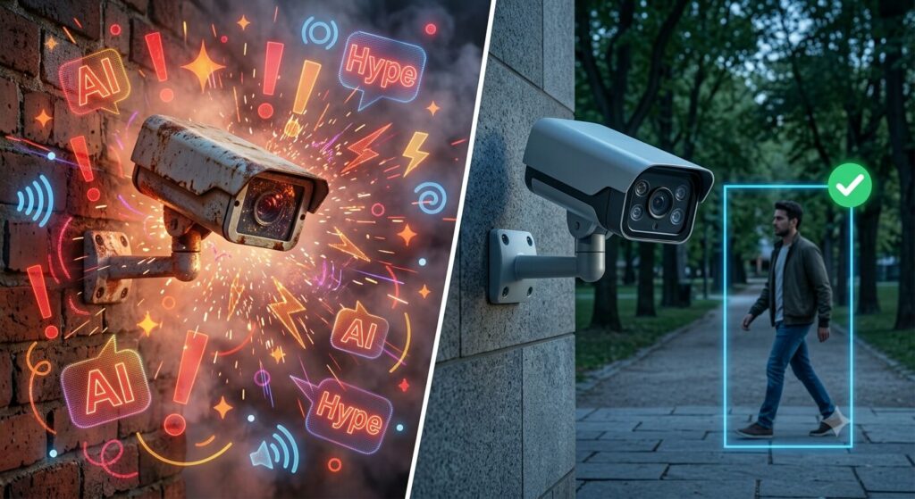 Split graphic comparing hyped AI security camera marketing claims versus genuinely useful AI detection features