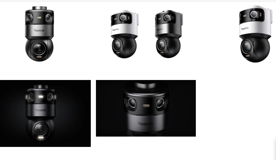 Reolink OMVI series security camera showing dual-lens panoramic top and pan-tilt lens design from multiple angles