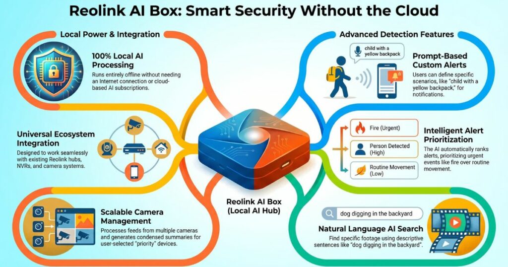 Infographic showing Reolink AI Box features: local AI processing, custom prompt alerts, intelligent alert prioritization, and natural language video search