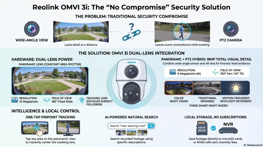 Infographic explaining Reolink OMVI 3i dual-lens camera design, specs, and local storage features