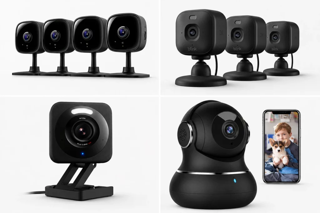 Four indoor wireless AI security cameras compared: Tapo, Blink Mini 2K+, Wyze Cam v4, and Litokam