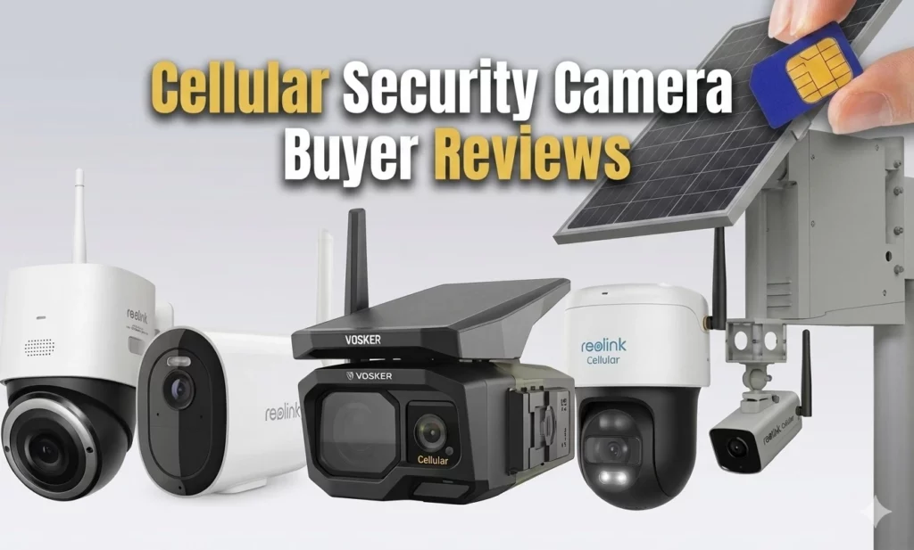 cellular 4G LTE outdoor security cameras with solar panels, a SIM card cutout, and a bold yellow and white headline reading "Cellular Security Camera Buyer Reviews.