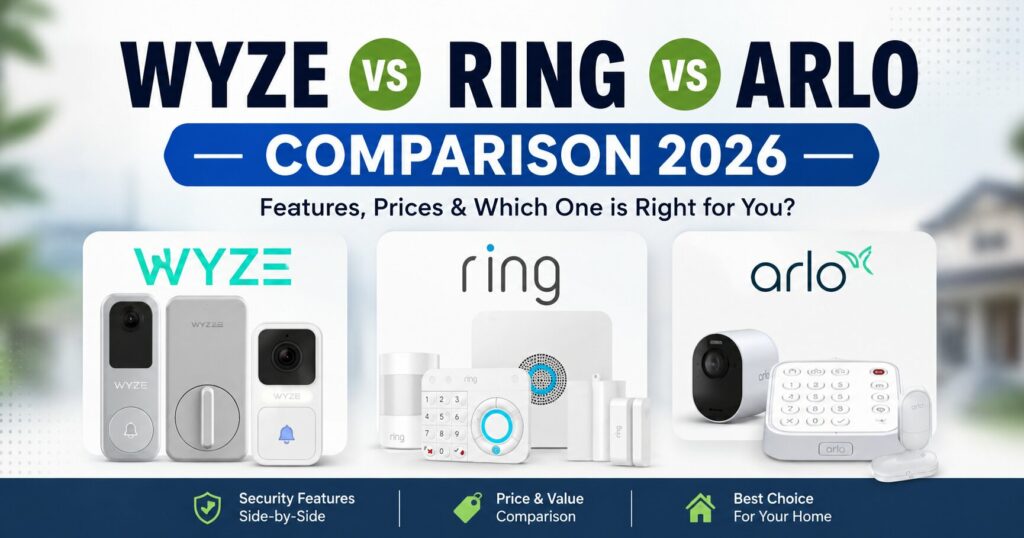 Comparison graphic covering Wyze, Ring, and Arlo security products side by side, highlighting security features, price and value, and which brand fits different home security needs, used to accompany our full brand comparison guide