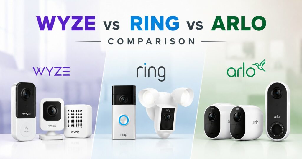 Wyze vs Ring vs Arlo security camera comparison showing products from all three brands